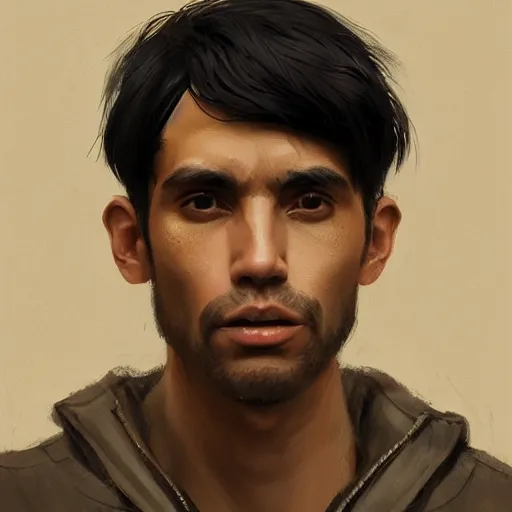Image similar to portrait of a peruvian man by greg rutkowski, he is about 3 0 years old, short black hair with bangs, very tall and slender, he is wearing a beige and black utility jumpsuit, highly detailed portrait, digital painting, artstation, concept art, smooth, sharp focus ilustration, artstation hq