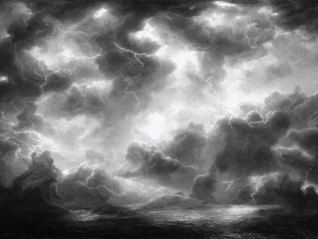 Image similar to very detailed, dark super storm, hyper realistic clouds, impressive, magical, very atmospheric, fog, cinematic, deep, very high complexity, stunning, dramatic masterpiece, iridescent, chiaroscuro, by gustave dore, john blanche, ian miller, very detailed. 4 k