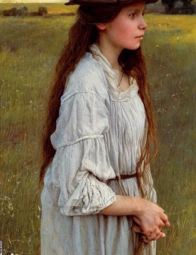 Image similar to shy and modest peasant girl long hair portrait, cottage core, cinematic focus, polaroid photo bleached vintage pastel colors high - key lighting, soft lights, foggy, by steve hanks, by lisa yuskavage, by serov valentin, by tarkovsky, 8 k render, detailed, oil on canvas