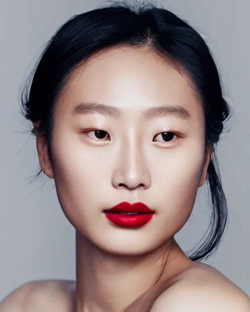 Prompt: cover photo of Margaret Zhang for skin care brand, beautiful face, faint red lips, slicked back hair, fashion photoshoot, real-life skin, skin care, light makeup