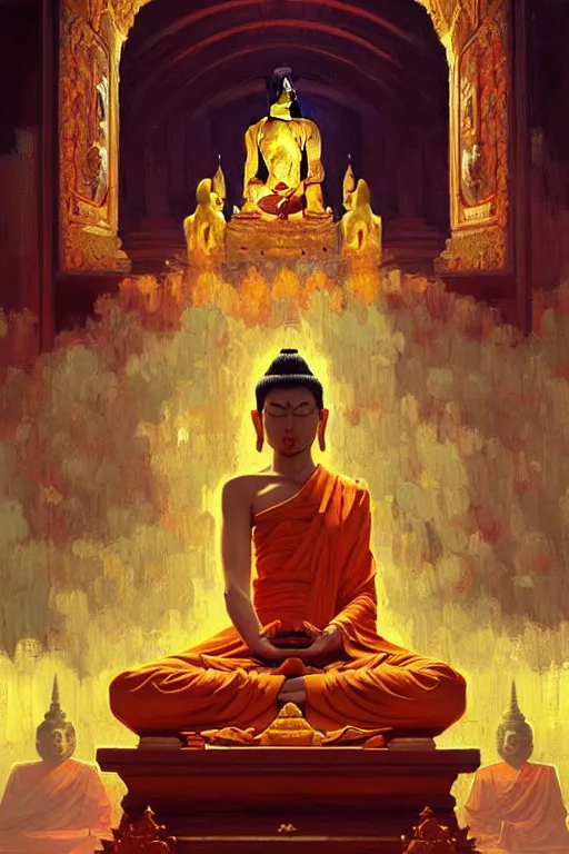 Image similar to temple, buddhism, painting by greg rutkowski, artgerm, vincent van gogh, j. c. leyendecker