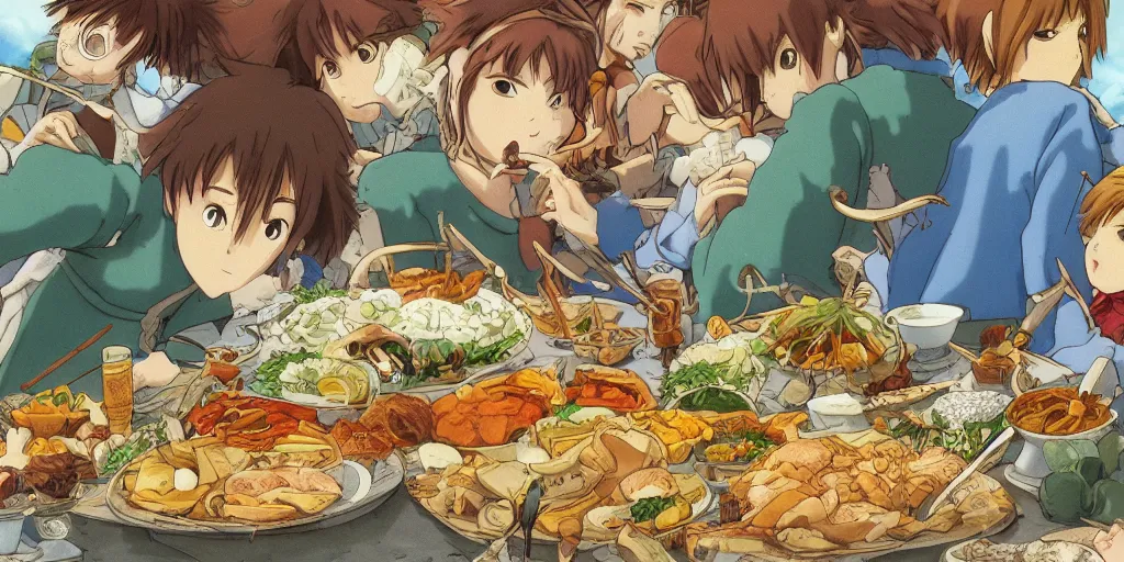 Image similar to A feast for the whole kingdom, very detailed, anime, Delicious, Plump, Juicy, Hot Food, large white border, hd, high resolution print :1 by Hayao Miyazaki, Nausicaa, studio Ghibli style, Anime wallpaper, cell shading, trending on deviant art :1