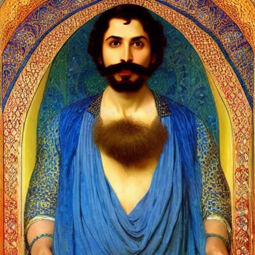 Image similar to beautiful iranian persian man with mustache, kaleidoscope, victor nizovtsev, botticelli, bouguereau