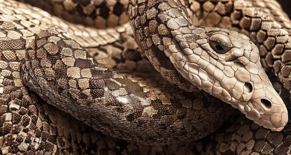 Prompt: closeup portrait of a colossal rattlesnake in a rocky environment, dramatic lighting, cinematic, octane render, cgsociety, artstation, 4k