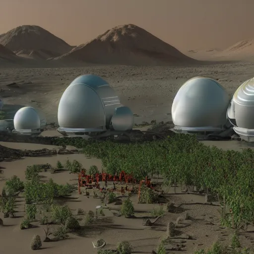 Prompt: A photorealistic image of the colonization of Mars, circa 2050, featuring large bio-domes filled with vegetation while the surface of Mars has many futuristic-looking buildings dotting the landscape, several people in space suits are outside