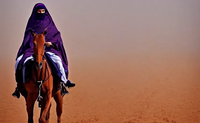 Image similar to beautiful burqa's woman, riding a horse!!! in saharan, sharp eyes, perfect dynamic posture, dust, cinematic, perfect dynamic pose, pinterest, very perfect position, award winning photo by national geographic, bokeh