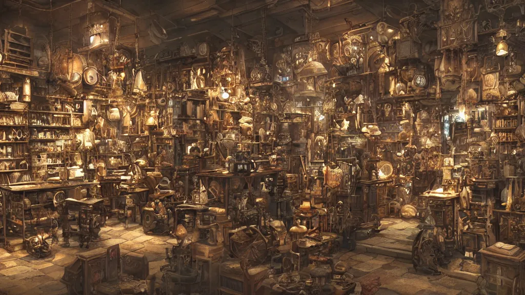 Prompt: A steampunk store, by Danar Worya, ultra detailed displays of weapons and clockwork machinations densely packed on shelves, volumetric lighting, 8k, unreal engine, trending on artstation