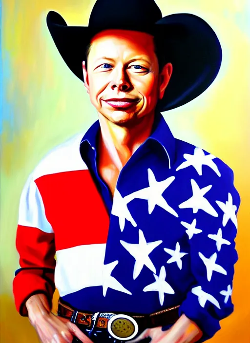 Prompt: oil painting portrait of brock pierce, american flag on background, cowboy style.