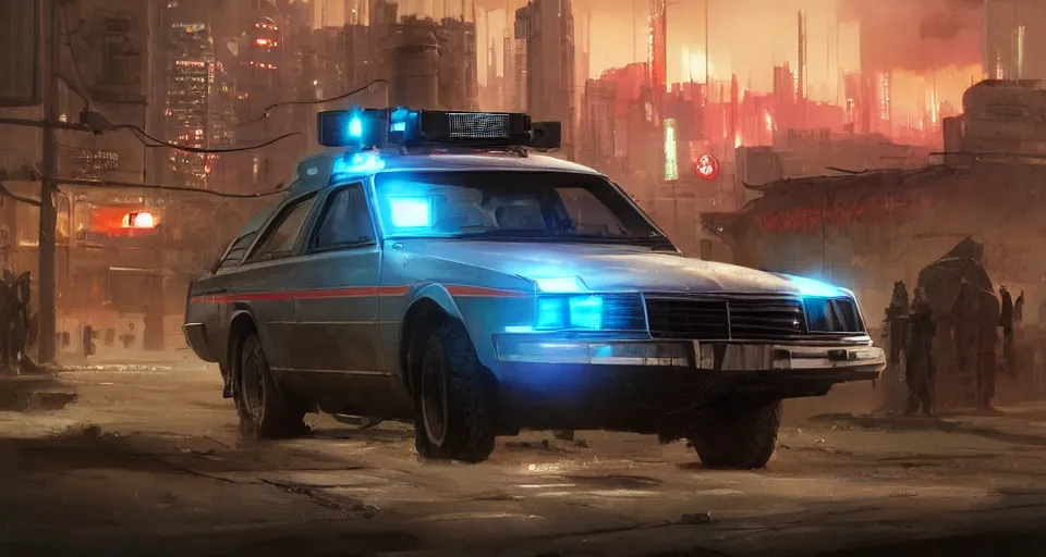 Image similar to a highly detailed epic cinematic concept art CG render digital painting artwork scene: retrofuturistic 1980s cyberpunk soviet police patrol car. By Greg Rutkowski, Ilya Kuvshinov, WLOP, Stanley Artgerm Lau, Ruan Jia and Fenghua Zhong, trending on ArtStation, made in Maya, Blender and Photoshop, octane render, excellent composition, cinematic dystopian brutalist atmosphere, dynamic dramatic cinematic lighting, aesthetic, very inspirational, arthouse