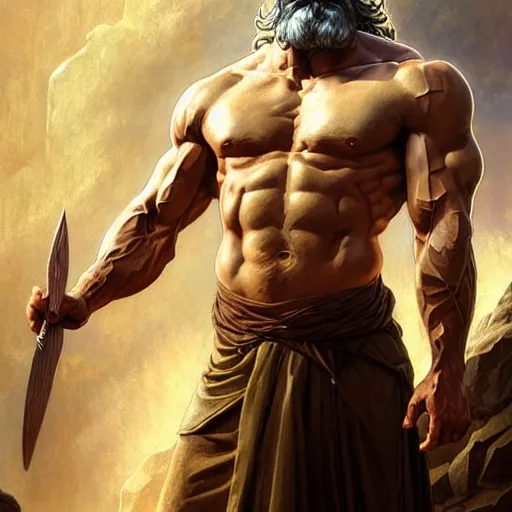 Image similar to portrait of rugged zeus, greek god d & d, muscular, fantasy, intricate, elegant, highly detailed, digital painting, artstation, concept art, smooth, sharp focus, illustration, art by artgerm and greg rutkowski and alphonse mucha