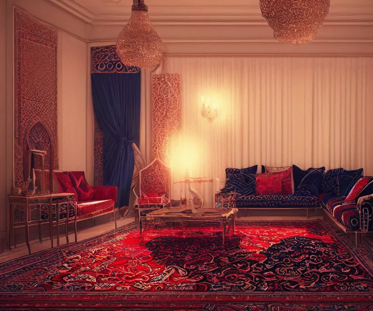 Image similar to arabic living room by charlie bowater and anna dittmann and artgerm and clemens ascher, intricate, elegant, red and white and navy blue, highly detailed, dramatic lighting, sharp focus, octane render, trending on artstation, artstationhd, artstationhq, unreal engine, 4 k, 8 k