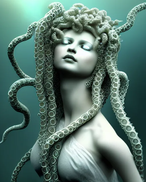 Image similar to mythical dreamy underwater artistic black and white 3 d render of a translucent beautiful young female angelic - medusa - vegetal - doll, highly detailed, intricate crystal ivy jelly ornate, poetic, translucent algae ornate, digital art, octane render, 8 k artistic photography, photo - realistic, hg giger flora borsi