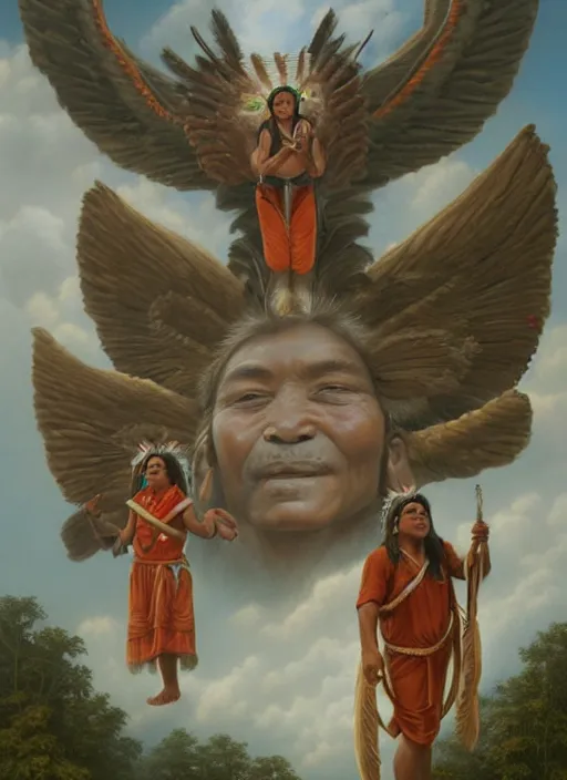 Image similar to faces of indigenous amazonian grandfathers and grandmothers spirits in the clouds, smiling, benevolence, ancestors, detailed faces, art by christophe vacher