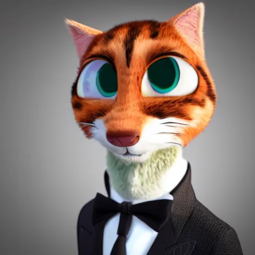 Image similar to portrait, 3d render , anthropomorphic cat, wearing a Pink tux, in the style of Zootopia