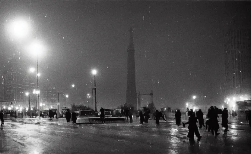 Image similar to 40s movie still of a sovietic street with many pedestrians silhouette with soviet highrise in the backround , Cinestill 800t 18mm, heavy grainy picture, very detailed, high quality, 4k panoramic, HD criterion, dramatic lightning, streetlight at night, rain, mud, foggy, CCCP flags all around