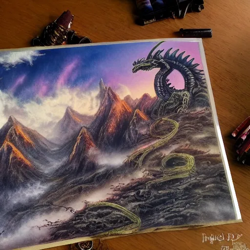 Image similar to steampunk ent dragon from lord of the rings, high detail, realistic, pastel, complex, dark, magical natural mountainous background with setting sun, smoke in sky