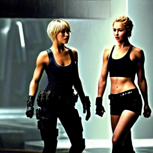 Image similar to julianne hough and jennifer lawrence fighting by ridley scott, secret agents, wearing black shorts, wearing black boots, wearing a cropped tops, blade runner, highly detailed, action movie still, intense, sharp focus, cyberpunk, hq