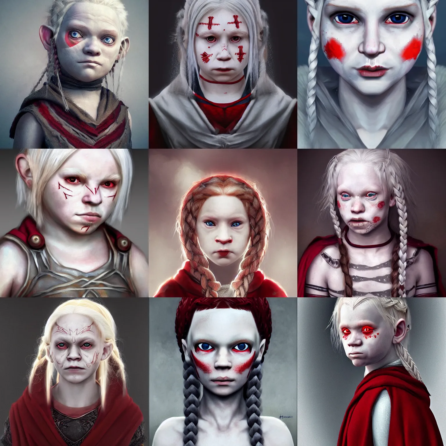 Prompt: realistic portrait of a young albino female halfling with red!!!! eyes and white!!! braided hair and a grey! cloak and geometric facial tattoos!!!!!!, black ribbons in hairhaunted and sad expression, artstation, cinematic lighting, 8 k, digital art