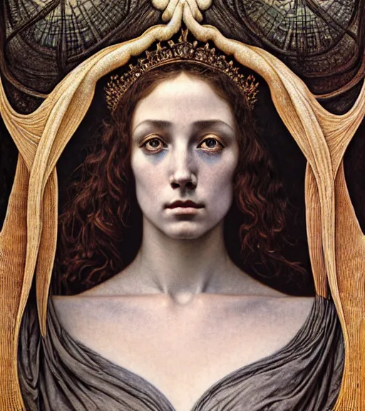 Image similar to detailed realistic beautiful young medieval queen of jupiter face portrait by jean delville, gustave dore and marco mazzoni, art nouveau, symbolist, visionary, gothic, pre - raphaelite. horizontal symmetry by zdzisław beksinski, iris van herpen, raymond swanland and alphonse mucha. highly detailed, hyper - real, beautiful