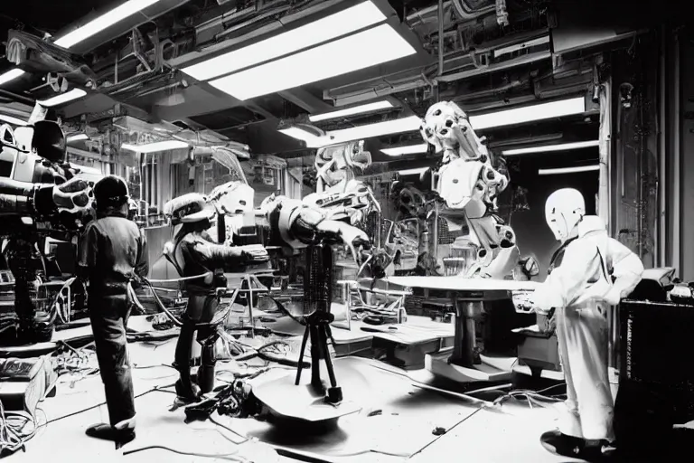 Image similar to a futuristic film studio with robot technicians preparing a scene by Stanley kubrick, sci-fi, color vibe, reimagined by industrial light and magic