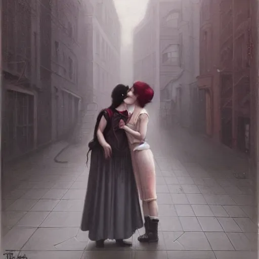 Prompt: two women kissing on the street, tom bagshaw style,