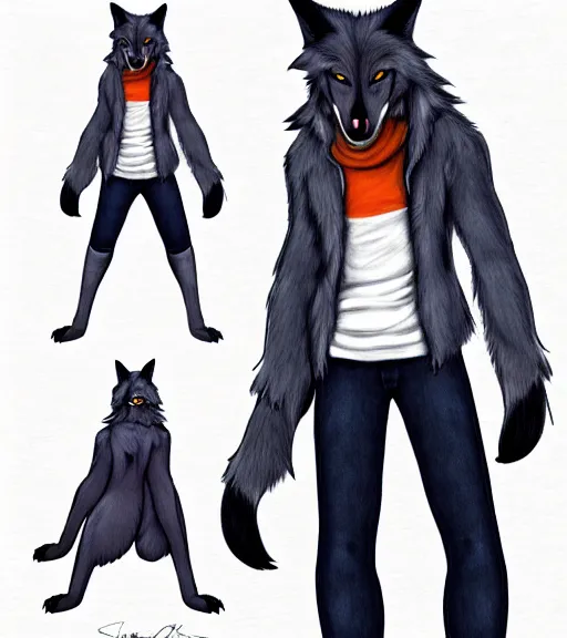 Image similar to expressive stylized master furry artist digital colored pencil painting full body portrait character study of the sergal wolf small head fursona animal person wearing clothes jacket and jeans by master furry artist blotch