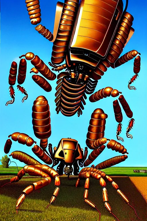 Image similar to a hyperrealistic painting of a giant metallic mechanical scorpion monster in a suburban neighborhood on a sunny day, by chris cunningham and richard corben, highly detailed, vivid color,