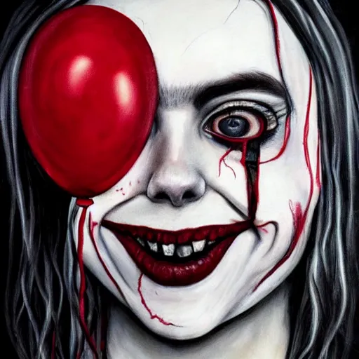 Prompt: grunge painting of billie eilish with her face split in half with a wide smile and a red balloon by chris leib, loony toons style, pennywise style, corpse bride style, horror theme, detailed, elegant, intricate