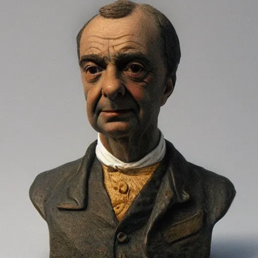 Prompt: hyper realistic closeup bust of a new england fisherman, mr. bean, painted, colorized, bossons vintage chalkware, by emile renouf