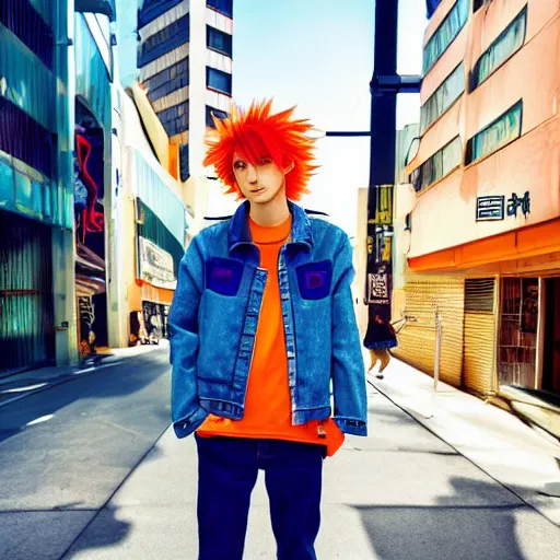 Prompt: orange - haired anime boy, 1 7 - year - old anime boy with wild spiky hair, wearing blue jacket, shibuya street, bright sunshine, strong lighting, strong shadows, vivid hues, raytracing, sharp details, subsurface scattering, intricate details, hd anime, high - budget anime movie, 2 0 2 1 anime