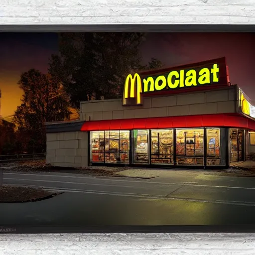 Image similar to pristine mcdonald's in the apocalyptic forest, hyper realism, neon, cyberpunk, nighttime