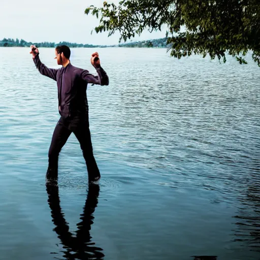 Prompt: Man dancing on the lake