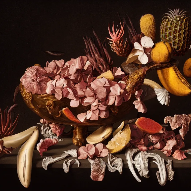 Image similar to still life of rotten flesh, beautiful tropical flowers, human spine, tropical fruit baroque painting, beautiful detailed intricate insanely detailed octane render, 8K artistic photography, photorealistic, chiaroscuro, Raphael, Caravaggio