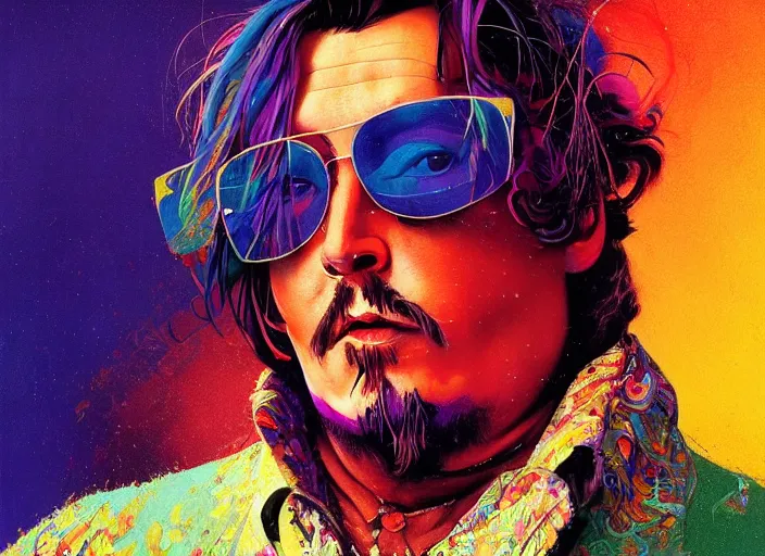 Prompt: A psychedelic portrait of fat johnny depp, vibrant color scheme, highly detailed, in the style of romanticism, cinematic, artstation, Moebius, Greg rutkowski futurism, no blur, 4k resolution, sharp ages, ultra detailed, style of John Berkey, Norman Rockwell, Hans Thoma, Ivan Shishkin, Tyler Edlin, Thomas Kinkad