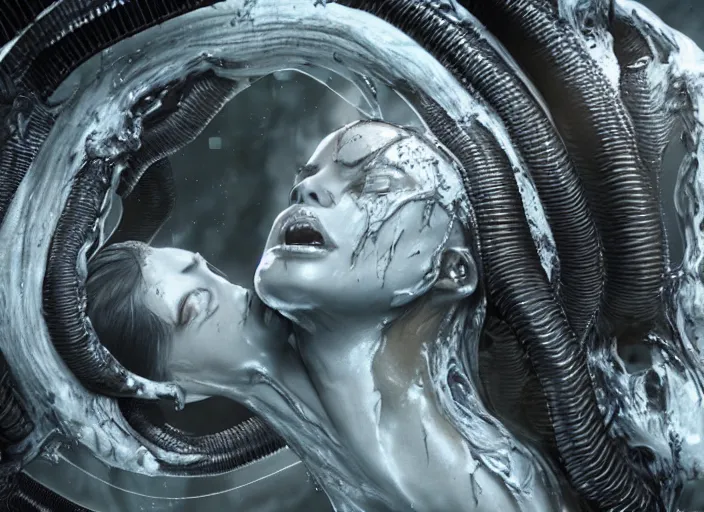 Image similar to film still of kim kardashian being licked by an xenomorph slathered in a transparent alien liquid, wet flowing hair, gooey skin, illustration, unreal engine 5, 8 k, directed by h. r. giger.