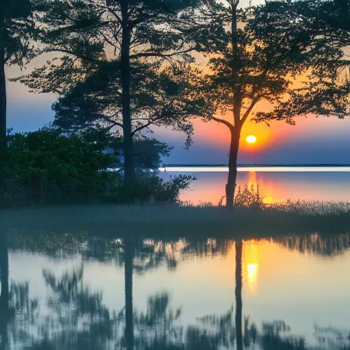 Image similar to 4k UHD photograph sunrise reflected from lake with trees on distant shore and a sailboat