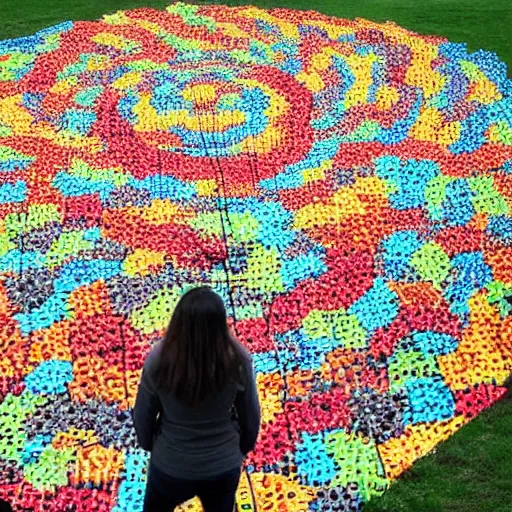 Image similar to A land art. A rip in spacetime. Did this device in her hand open a portal to another dimension or reality?! by Jacob Hashimoto somber