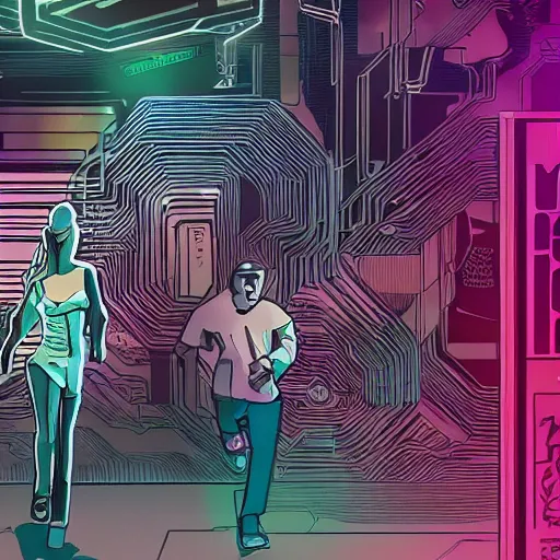 Image similar to people running away from cryptocurrency scared, cyberpunk art