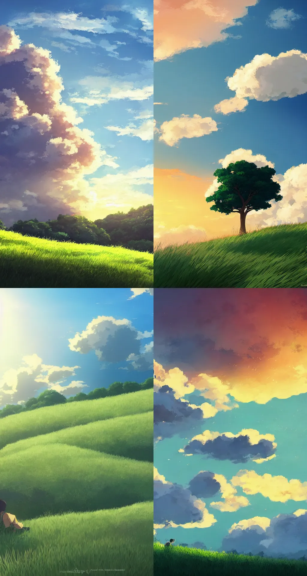 Prompt: a gigantic fluffly cloud at sunset over a grassy hill with a gentle breeze in the style of studio ghibli, by makoto shinkai
