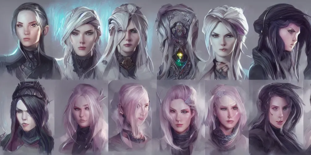 Image similar to concept art of beautiful irish female netrunner d & d video game characters head designs, unique hair designs, by marc brunet and artgerm