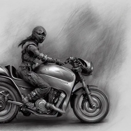 Image similar to dragon motorcycle by Craig Mullins, pencil drawing, highly detailed