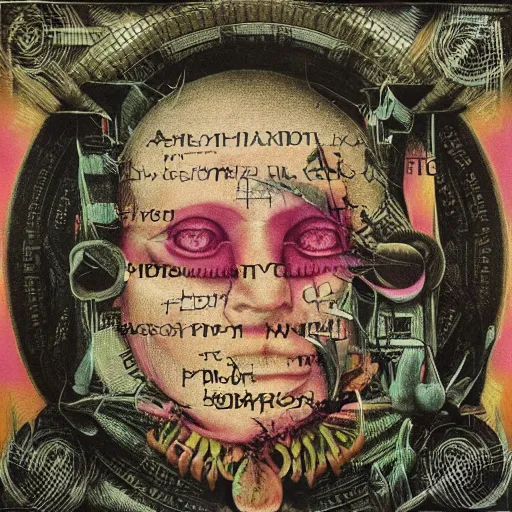 Image similar to post - punk new age album cover, asymmetrical design, frame of a dollar bank notes, capitalism, magic, apocalypse, psychedelic, black white pink, magic, giger h. r., giuseppe arcimboldo