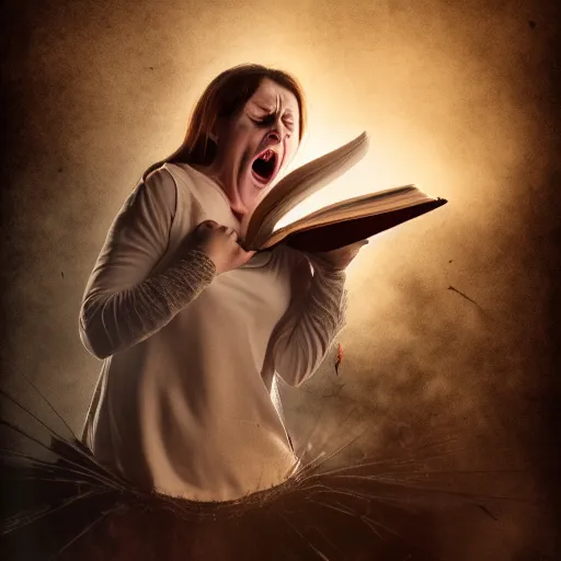 Image similar to enraged witch tearing her own book while screaming in frustration, comedy, fantasy, D&D, HDR, natural light, dynamic pose, award winning photograph, 8k, Mucha style,