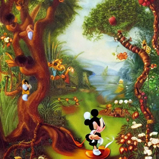 Image similar to mickey mouse entering the garden of eden, oil painting, masterpiece