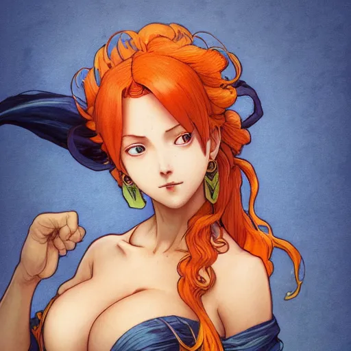 Image similar to intricately detailed vfx portrait of nami from one piece by eiichiro oda, makoto shinkai, alphonse mucha, art by artgerm and greg rutkowski, best of behance, concept art, matte, sharp focus, orange hair, elegant, adolphe bouguereau, annie leibovitz, stanley kubrick,