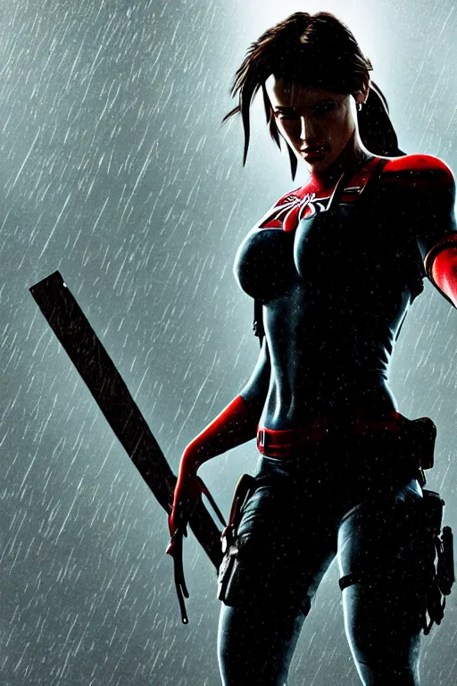 Prompt: cinematic of lara croft as spiderman with thorn mask, dramatic rain, 8 k, moody lighting