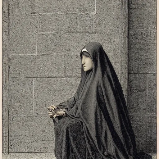 Prompt: a praying woman wearing a dark robe, portrait by gustave dore