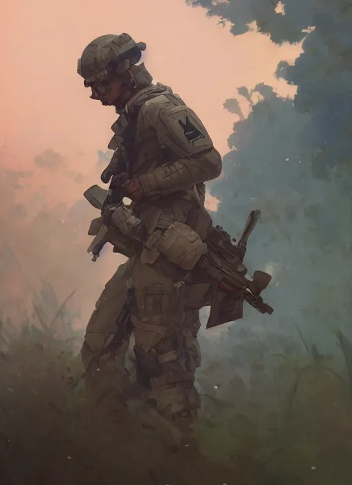 Prompt: us soldier in full battle gear, hd artstation, makoto shinkai, dean cornwell, lois van baarle, norman rockwell, ilya kuvshinov, j c leyendecker, victo ngai, mc clelland barclay, ossdraws, feng zhu, andreas rocha, john harris, cinematic