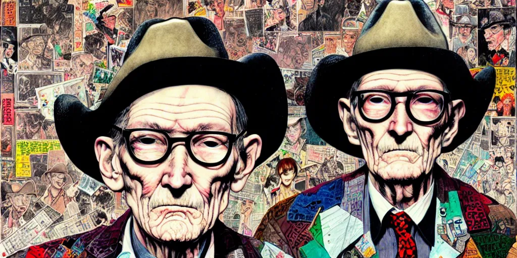 Image similar to full view of william s burroughs, wearing a cowboy hat, style of yoshii chie and hikari shimoda and martine johanna and will eisner, highly detailed