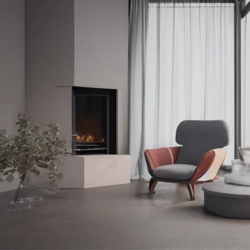 Image similar to two armchairs sitting in front of a cosy fireplace, modern home design interior, octane render, hyperrealistic, concrete archetecture, vray, volumetric lighting, cinema 4 d, unreal engine